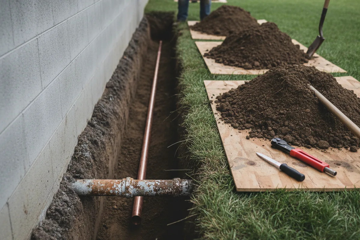 Excavated water line trench during Water Softener Installation in Elkhart
